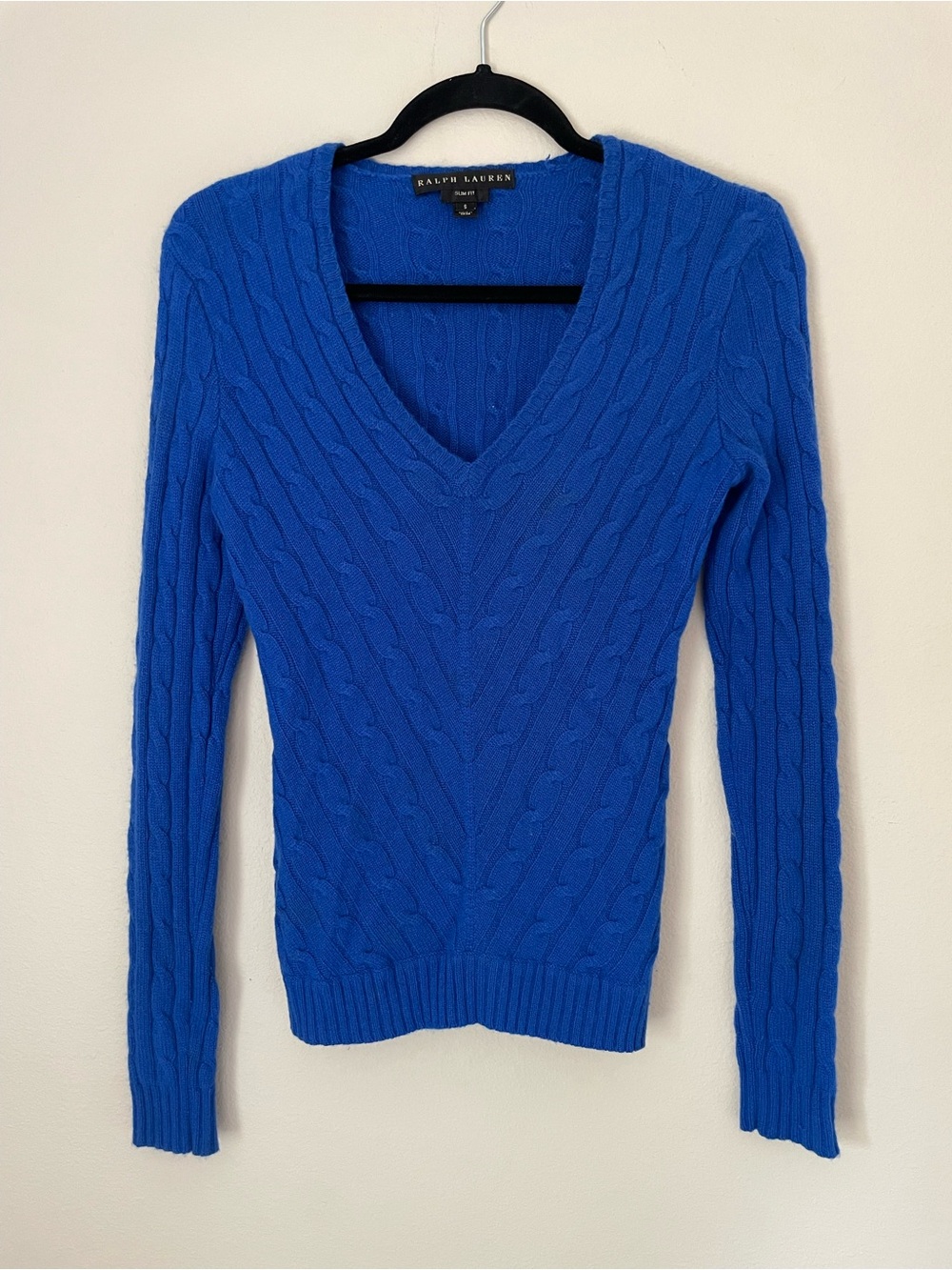 Ralph Lauren Royal Blue Cable-Knit V-Neck CASHMERE Sweater - Women Size Small